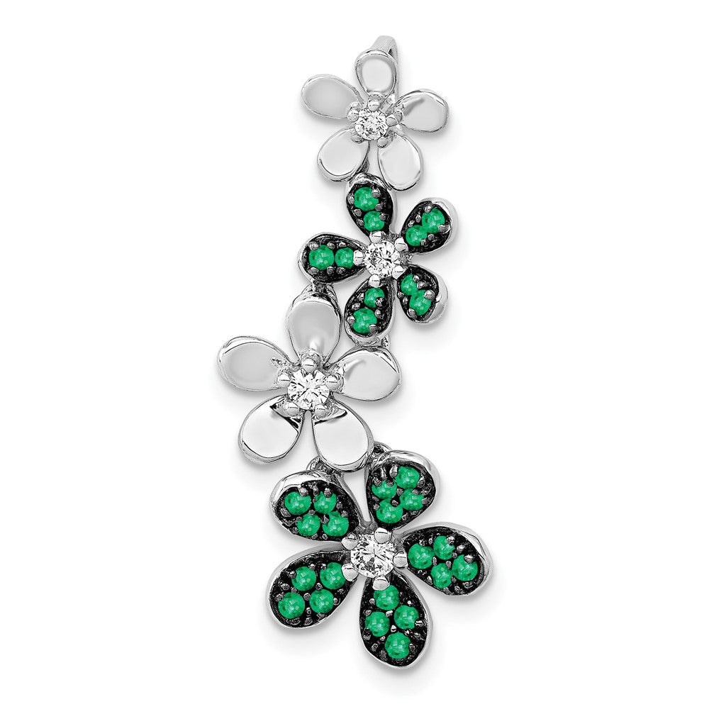 14K Weißgold Anhänger mit echten Diamanten und Smaragden, 4 Blumen