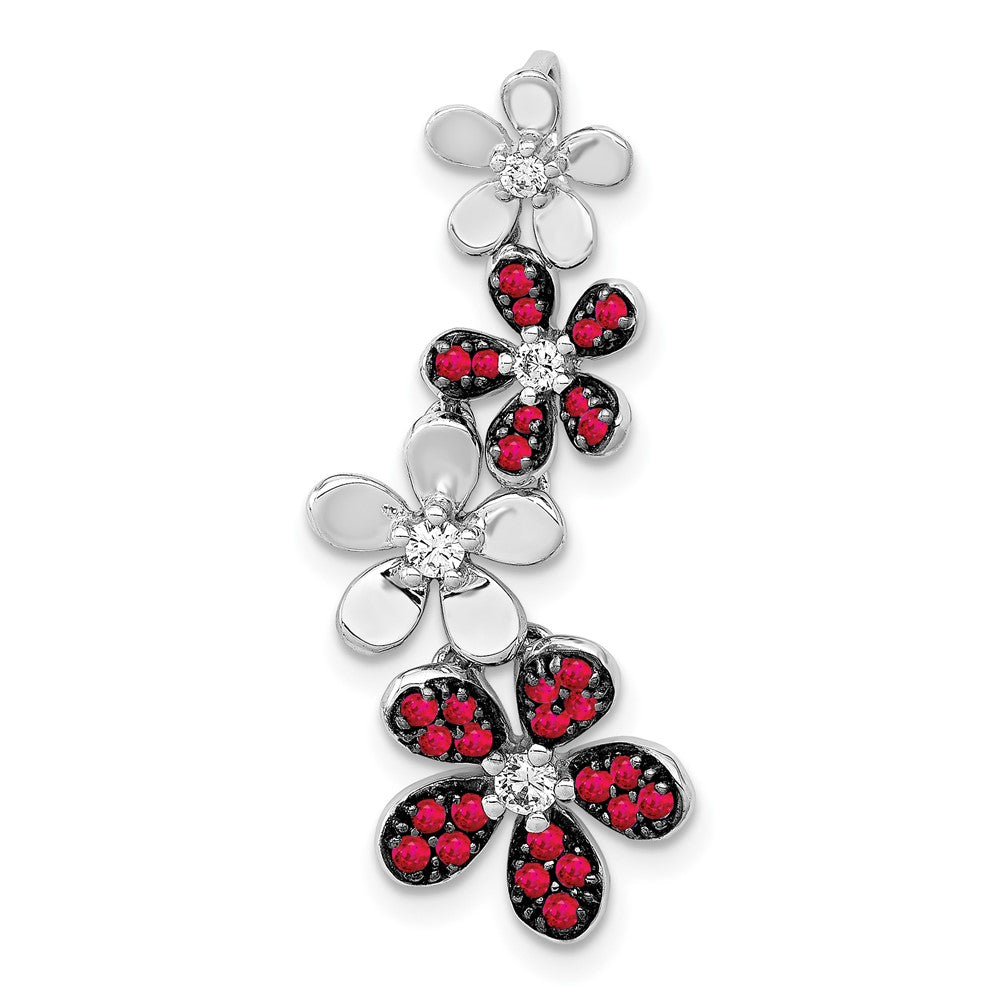 14K Weißgold Echt Diamant Und.29 Rubin Vier Blumen Kette Anhänger