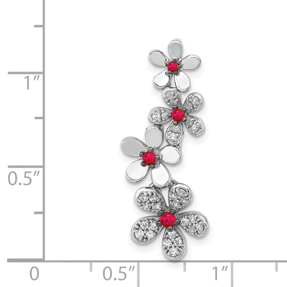 14K Weißgold Echt Diamant Und.19 Rubin Vier Blumen Kette Anhänger