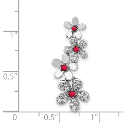 14K Weißgold Echt Diamant Und.19 Rubin Vier Blumen Kette Anhänger