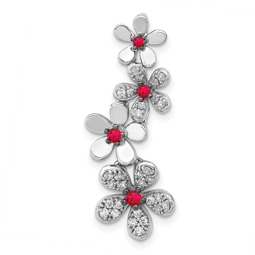 14K Weißgold Echt Diamant Und.19 Rubin Vier Blumen Kette Anhänger