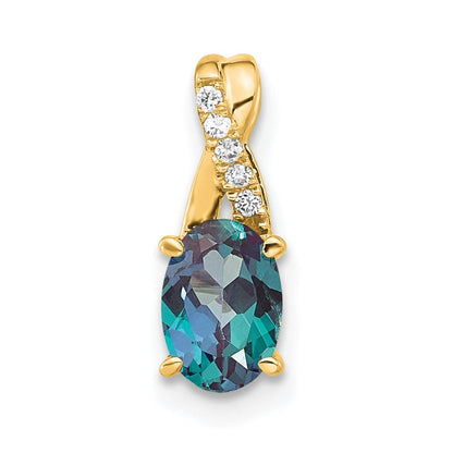 14K Gelbgold Oval Erzeugt Alexandrite und Diamant Anhänger