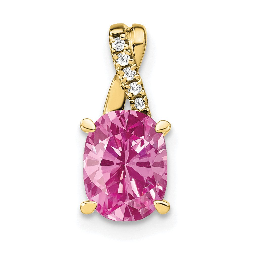 10K Gelbgold Oval Erzeugt Rosa Saphir und Diamant Anhänger