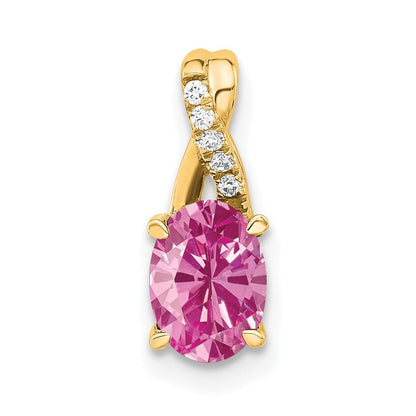14K Gelbgold Oval Erzeugt Rosa Saphir und Diamant Anhänger