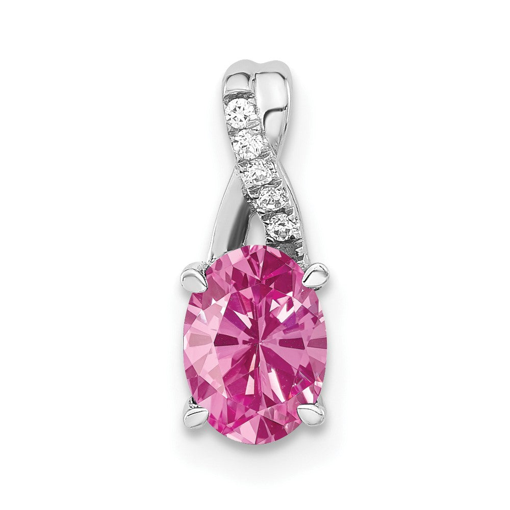 14K Weißgold Oval Erzeugt Rosa Saphir und Diamant Anhänger