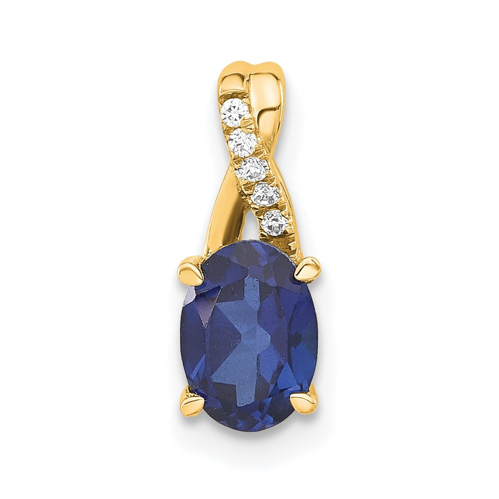 14K Gelbgold Oval Erzeugt Saphir und Diamant Anhänger
