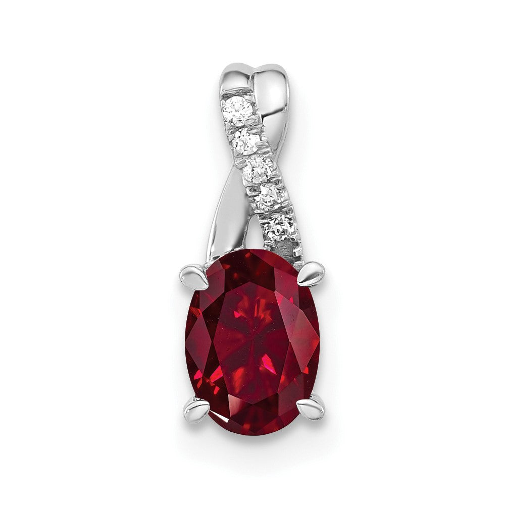 14K Weißgold Anhänger, oval, mit synthetischem Rubin und echtem Diamant