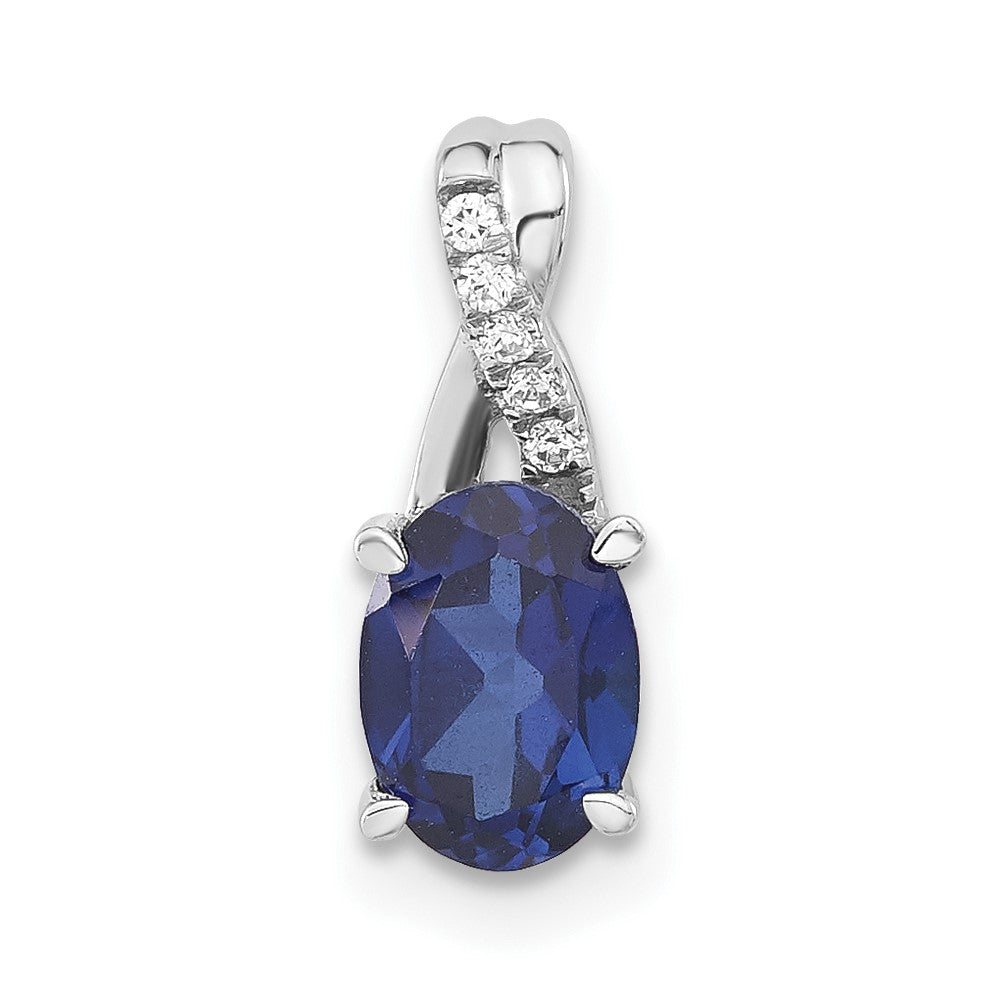 14K Weißgold Anhänger mit ovalem synthetischem Saphir und echtem Diamant