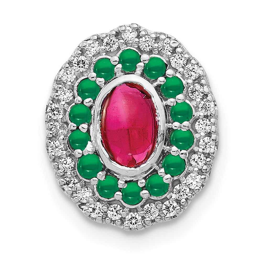 14K Weißgold Echt Diamant Cabochon Rubin & Smaragd Kette Anhänger
