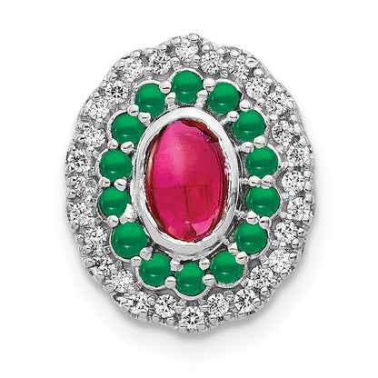 14K Weißgold Echt Diamant Cabochon Rubin & Smaragd Kette Anhänger