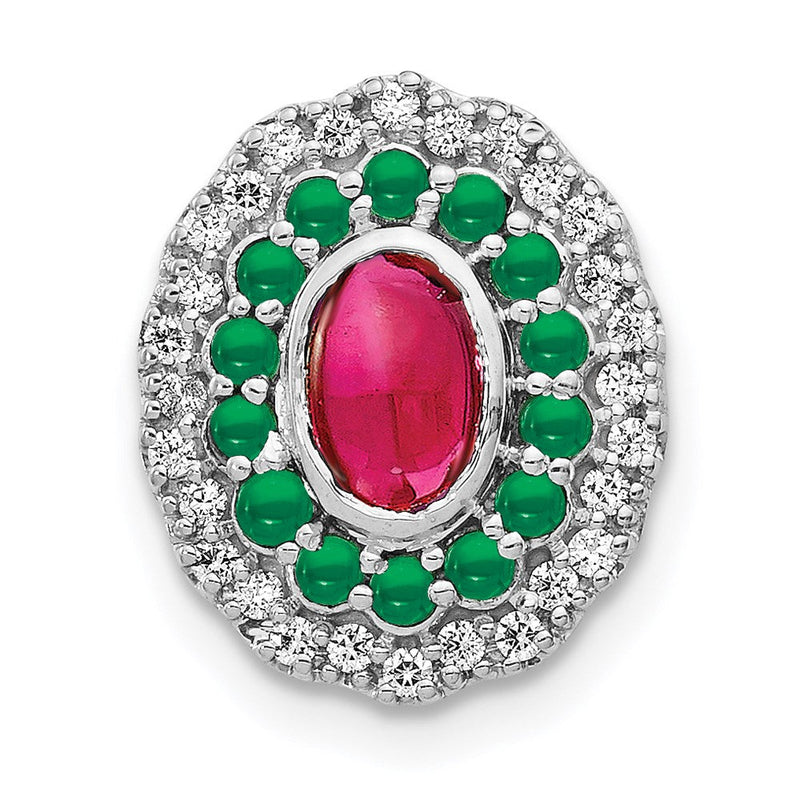 14K Weißgold Echt Diamant Cabochon Rubin & Smaragd Kette Anhänger