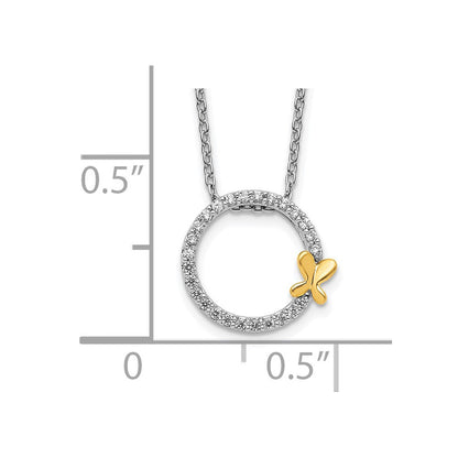 14k Bicolor-Gold Schmetterling-auf-Kreis-Anhänger mit echten Diamanten
