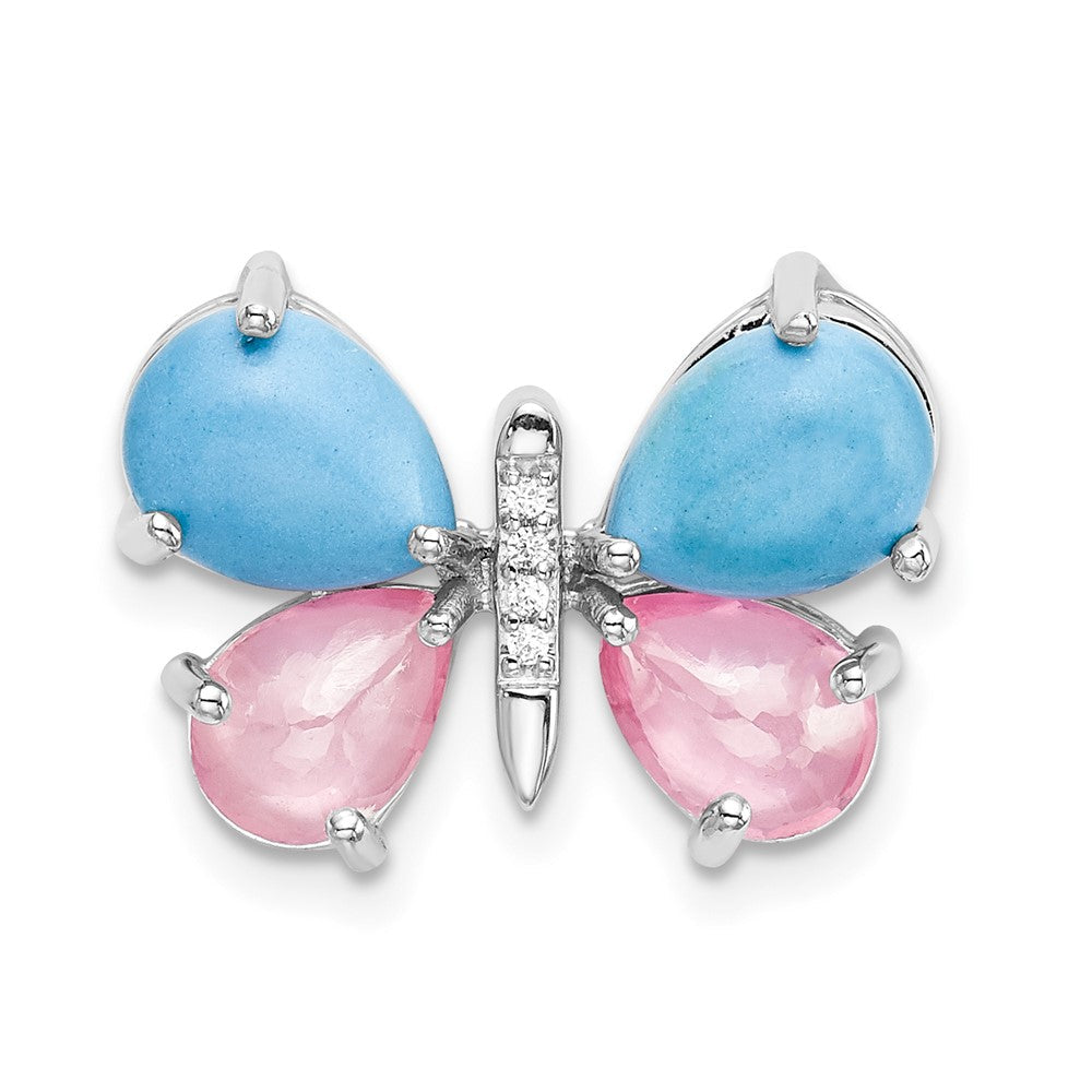 14K Weißgold Schmetterlings-Anhänger mit echtem Diamant, Cabochon-Türkis und Rosenquarz