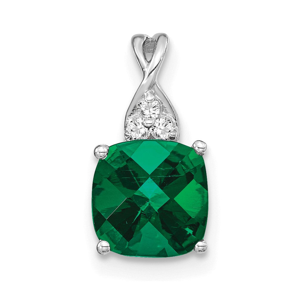 14K Weißgold Schachbrett Erzeugt Smaragd und Diamant Anhänger