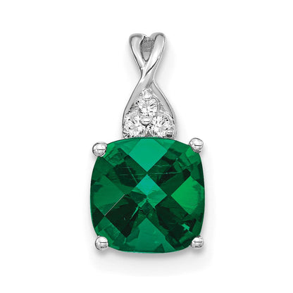 14K Weißgold Schachbrett Erzeugt Smaragd und Diamant Anhänger