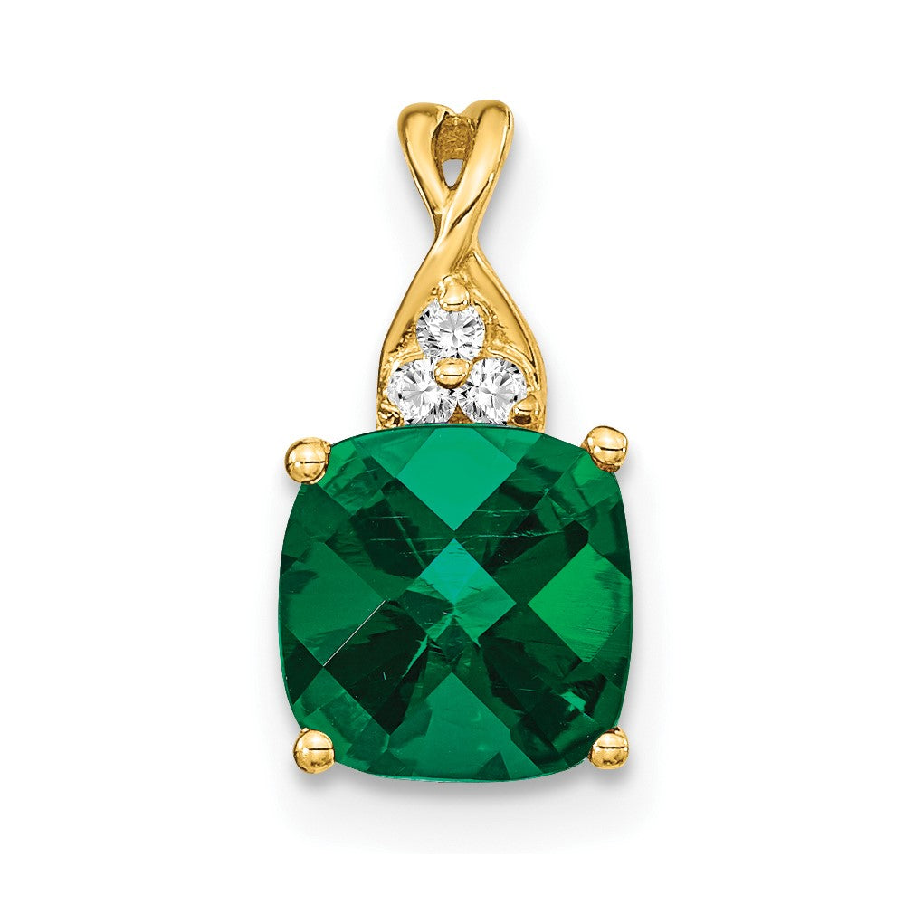 14K Gelbgold Anhänger mit Karo-Schliff-Smaragd (synthetisch) und echten Diamanten