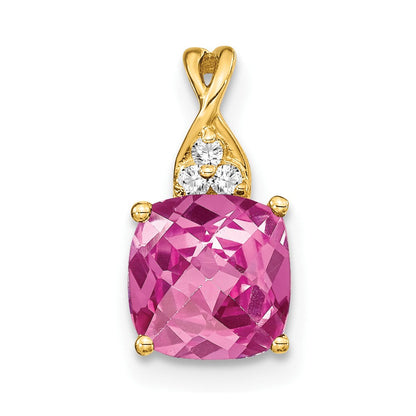 14K Gelbgold Anhänger mit Schachbrettschliff, gezüchtetem Rosa Saphir und echtem Diamant