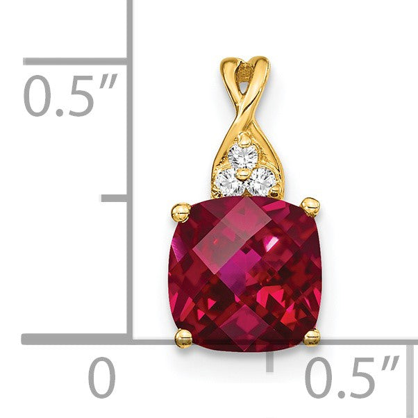 14K Gelbgold Anhänger mit synthetischem Schachbrettschliff-Rubin und echtem Diamant