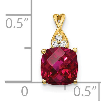 14K Gelbgold Anhänger mit synthetischem Schachbrettschliff-Rubin und echtem Diamant