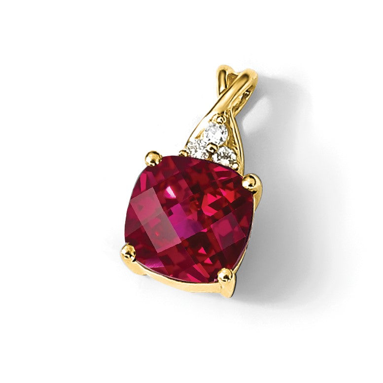 14K Gelbgold Anhänger mit synthetischem Schachbrettschliff-Rubin und echtem Diamant