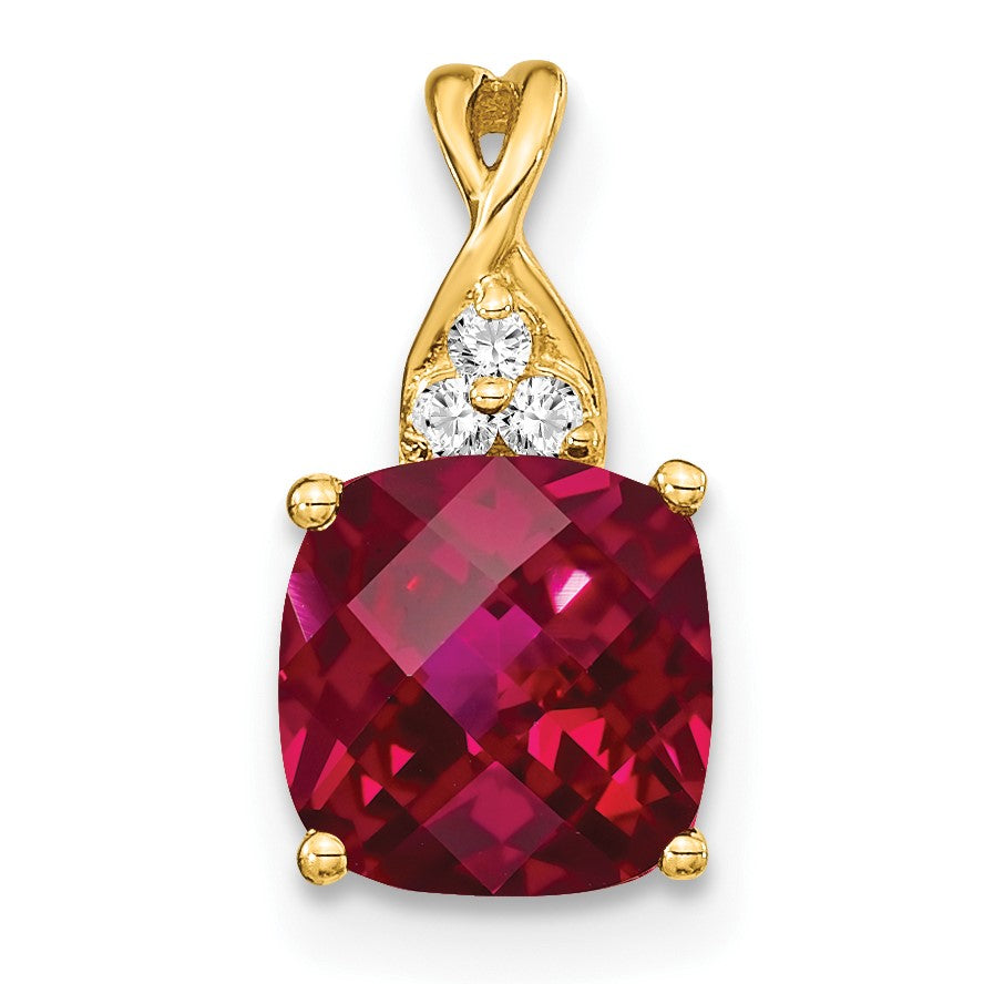 14K Gelbgold Anhänger mit synthetischem Schachbrettschliff-Rubin und echtem Diamant