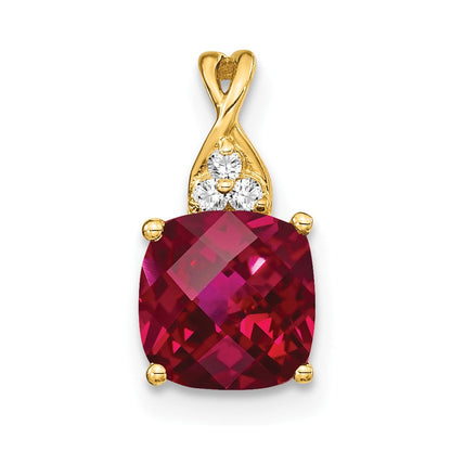 14K Gelbgold Anhänger mit synthetischem Schachbrettschliff-Rubin und echtem Diamant