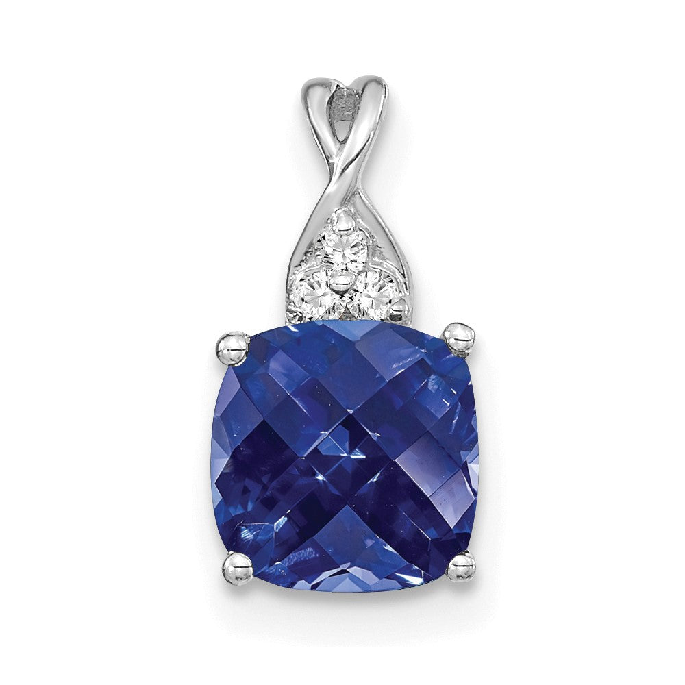 14K Weißgold Schachbrett Erzeugt Saphir und Diamant Anhänger
