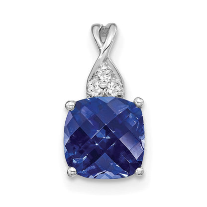 14K Weißgold Schachbrett Erzeugt Saphir und Diamant Anhänger