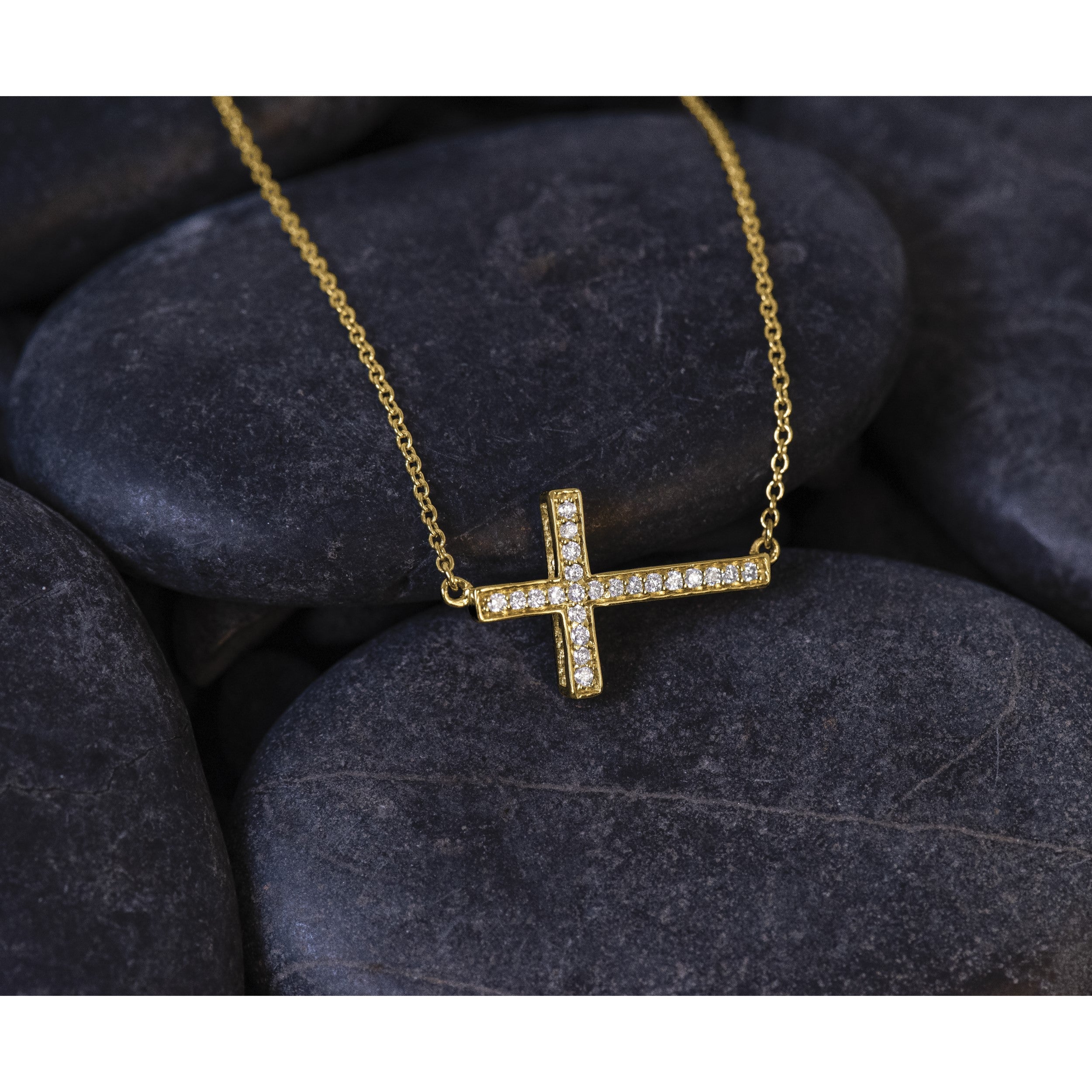 14K Gelbgold Echt Diamant Seitlich Kreuz 18 Zoll Halskette