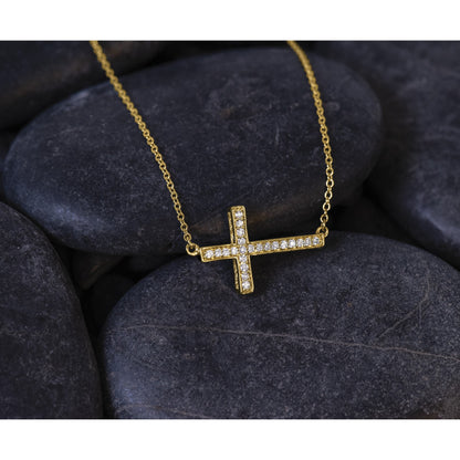 14K Gelbgold Echt Diamant Seitlich Kreuz 18 Zoll Halskette