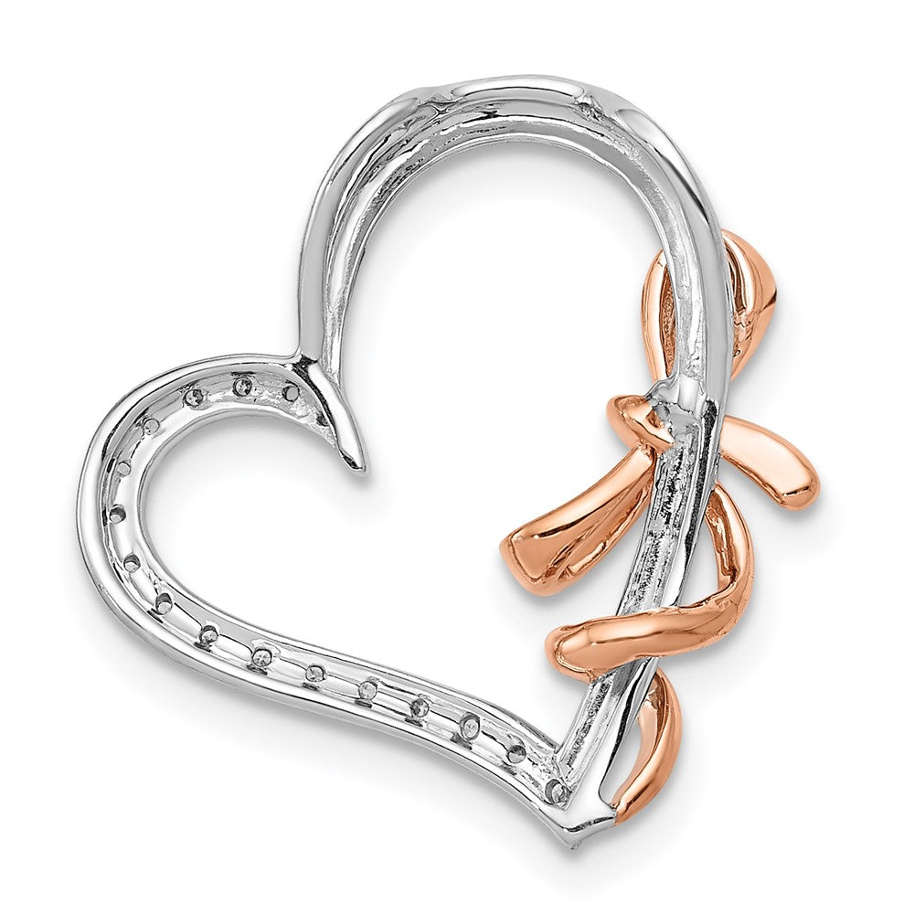 14K Weiß und Roségold Echt Diamant Poliert Herz mit Schleife Kette Anhänger
