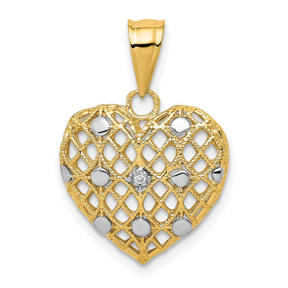 10K Gelb mit Rhodium und Weiß Rhodium 1/2pt Diamant Herz Anhänger