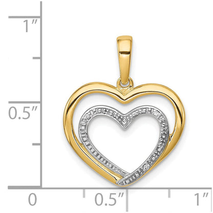 14K Gelbgold Anhänger mit 0,01 ct. echtem Diamant und Rhodium, Doppelherz-Design