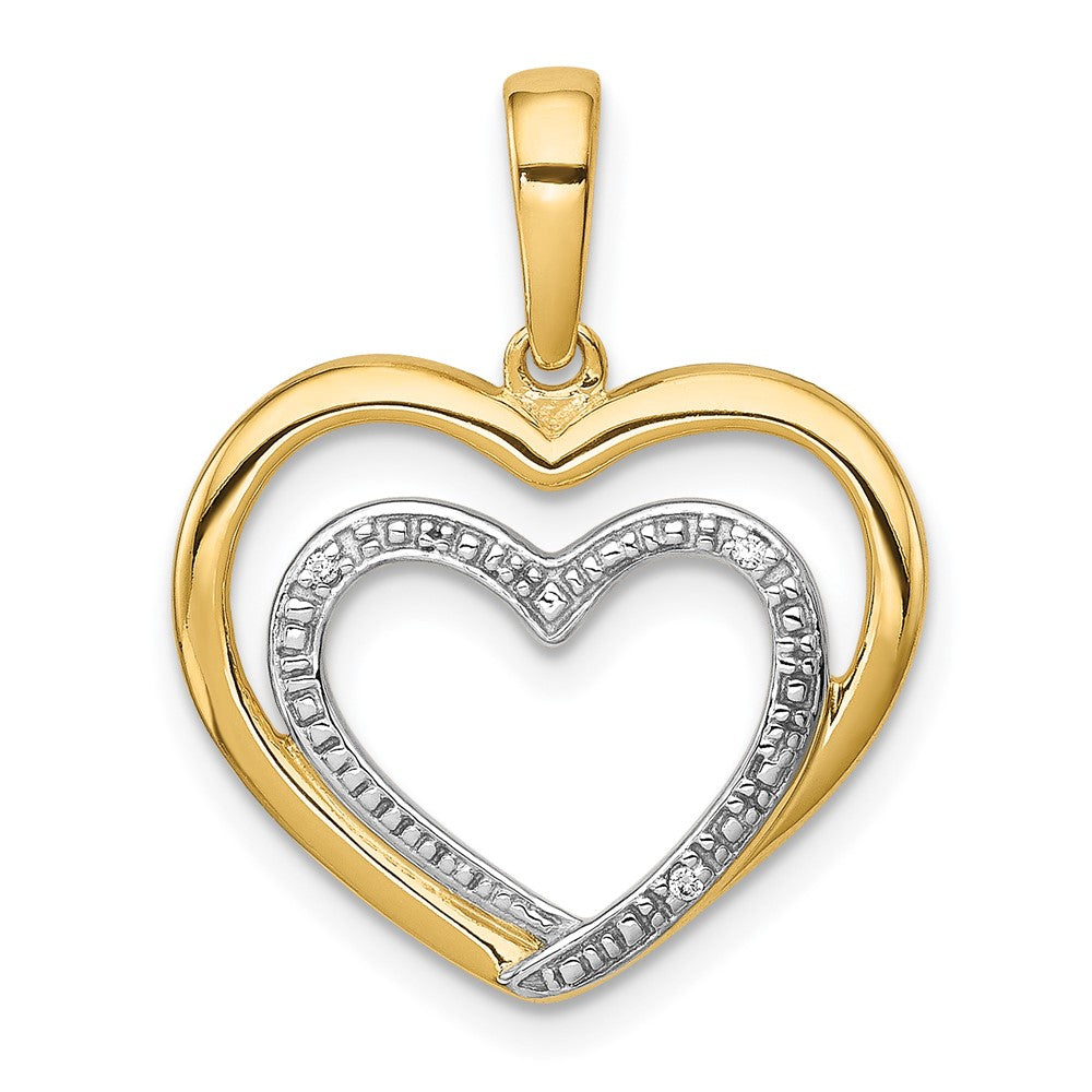 14K Gelbgold Anhänger mit 0,01 ct. echtem Diamant und Rhodium, Doppelherz-Design