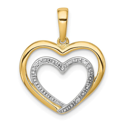 14K Gelbgold Anhänger mit 0,01 ct. echtem Diamant und Rhodium, Doppelherz-Design