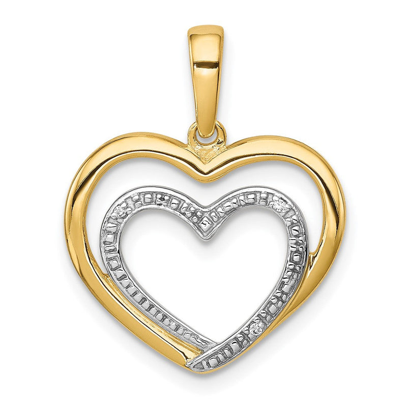 14K Gelbgold Anhänger mit 0,01 ct. echtem Diamant und Rhodium, Doppelherz-Design