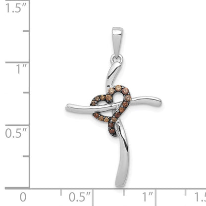 14K Weißgold Kreuz-Anhänger mit Herz und 0,10 ct. echten Champagner-Diamanten