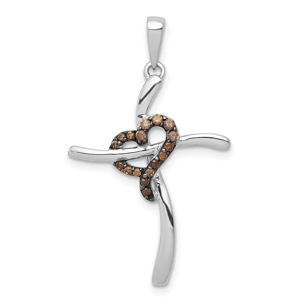 14K Weißgold Kreuz-Anhänger mit Herz und 0,10 ct. echten Champagner-Diamanten