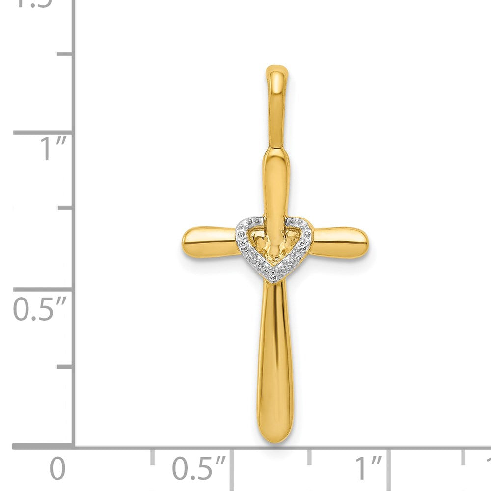 14K Gelbgold Echter Diamant Kreuz-Anhänger mit Herz
