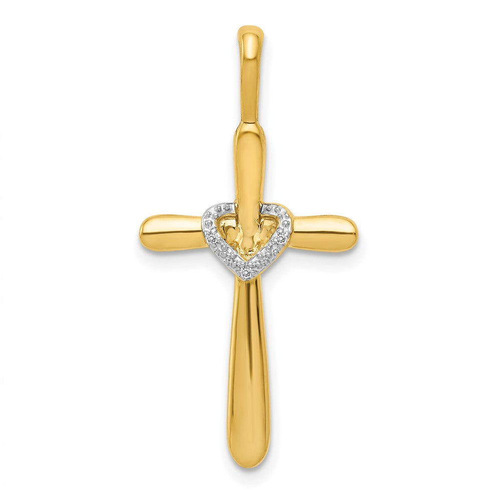 14K Gelbgold Echter Diamant Kreuz-Anhänger mit Herz