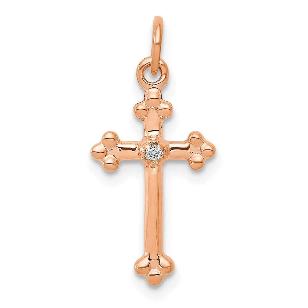 14K Roségold Kleiner Echter Diamant-Kreuz-Anhänger mit Knospen