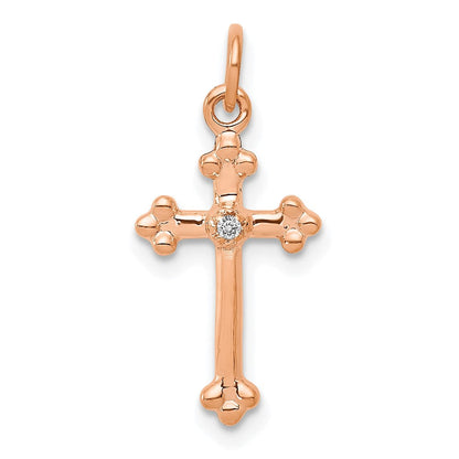 14K Roségold Kleiner Echter Diamant-Kreuz-Anhänger mit Knospen