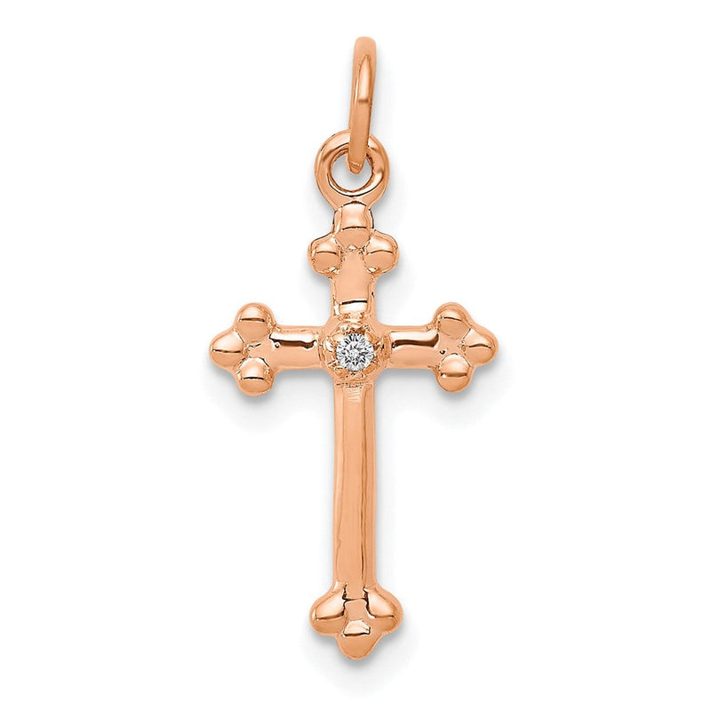 14K Roségold Kleiner Echter Diamant-Kreuz-Anhänger mit Knospen