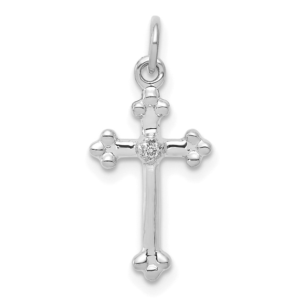 14K Weißgold Kleiner Echter Diamant-Knospenkreuz-Anhänger