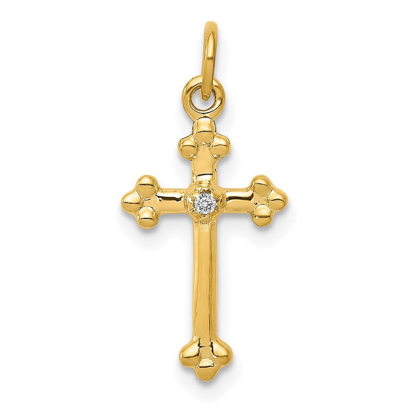 14K Gelbgold Kleiner Kreuzanhänger mit echten Diamanten und Knospenenden