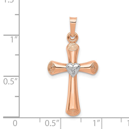 14 Karat Bicolor-Gold Echtdiamant-Poliertes Hohles Lateinisches Herz-Kreuz-Anhänger
