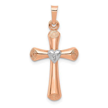 14 Karat Bicolor-Gold Echtdiamant-Poliertes Hohles Lateinisches Herz-Kreuz-Anhänger