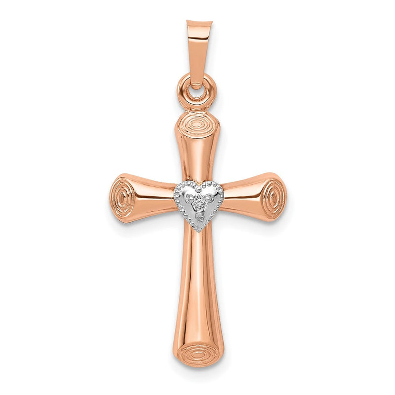 14 Karat Bicolor-Gold Echtdiamant-Poliertes Hohles Lateinisches Herz-Kreuz-Anhänger