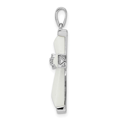 14K Weißgold Kreuz-Anhänger mit weißem Achat und echten Diamanten
