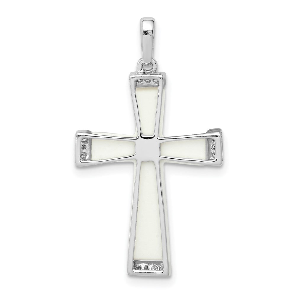 14K Weißgold Kreuz-Anhänger mit weißem Achat und echten Diamanten